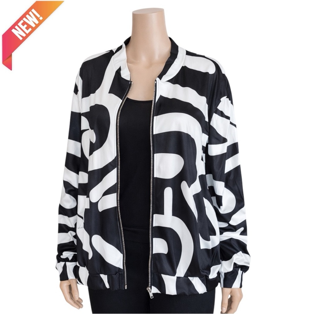 New Black & White Abstract Print Zip-Up Bomber Jacket - Picture 5 of 16
